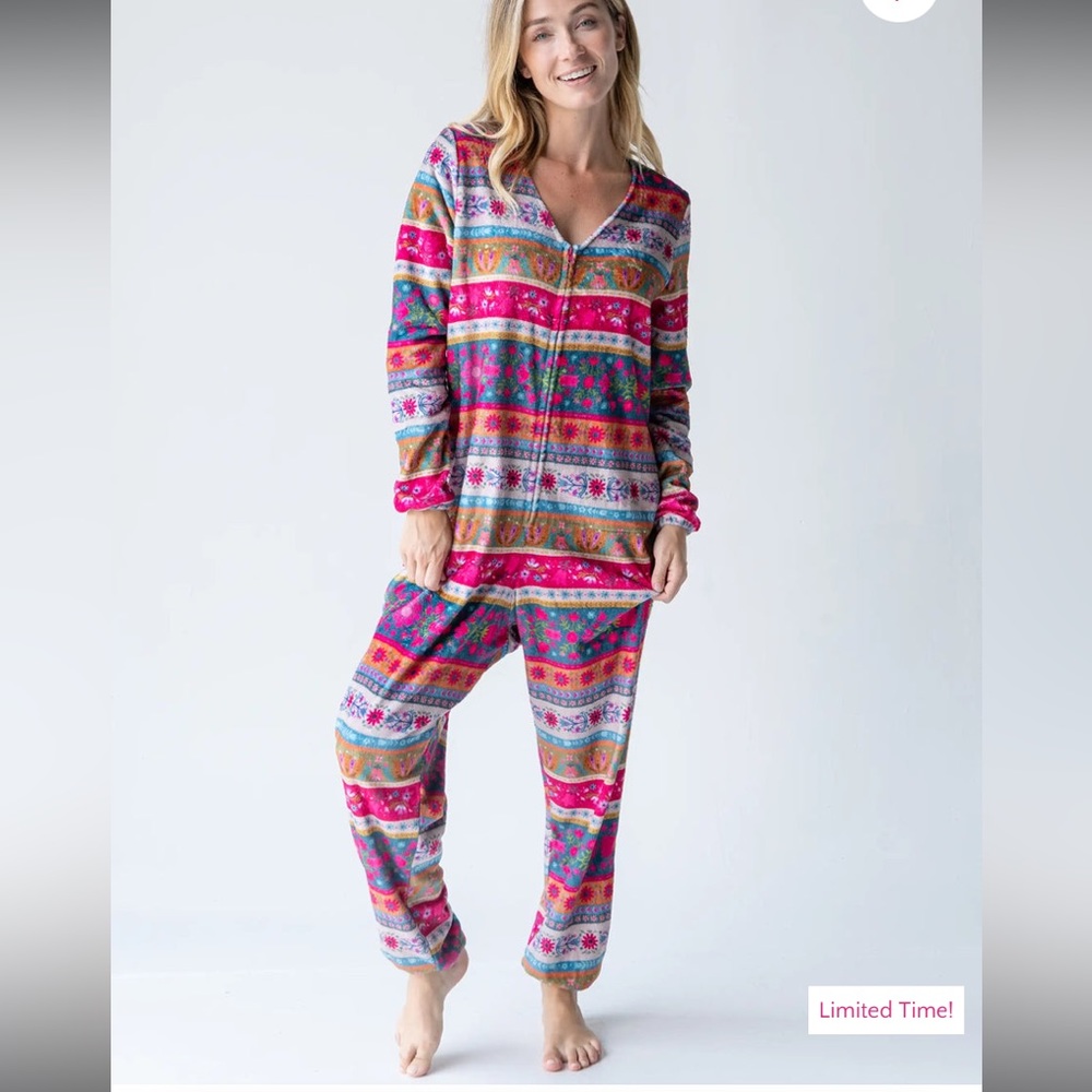 Natural Life Zip Fleece Onesie Pajamas Magenta Border multi Print